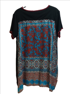JOHNNY WAS SILK BOHO SHORT SLEEVE TUNIC SHIRT WITH SILK BACK FLORAL PANEL